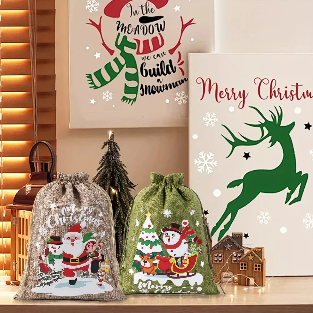 Fabric Christmas Gift Bags with Drawstring Closure - Green/Brown Cloth Santa Patterns