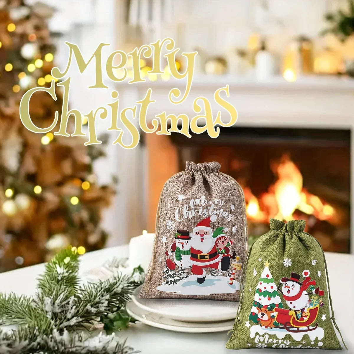 Fabric Christmas Gift Bags with Drawstring Closure - Green/Brown Cloth Santa Patterns
