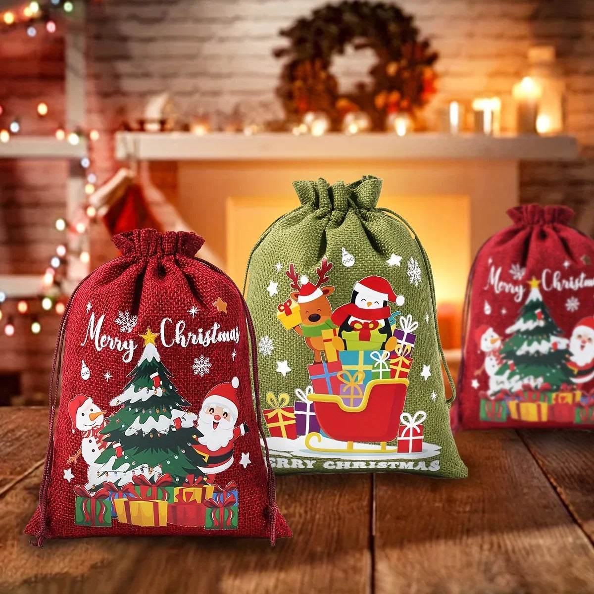 Fabric Christmas Gift Bags with Drawstring Closure - Green/Brown Cloth Santa Patterns