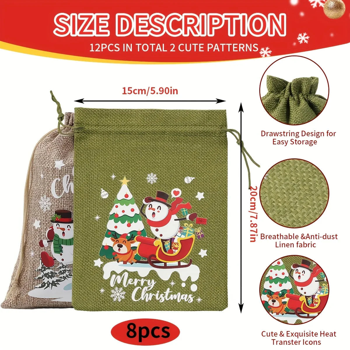 Fabric Christmas Gift Bags with Drawstring Closure - Green/Brown Cloth Santa Patterns