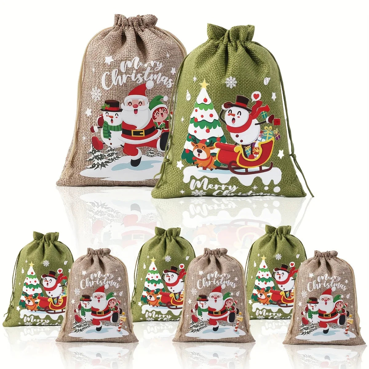 Fabric Christmas Gift Bags with Drawstring Closure - Green/Brown Cloth Santa Patterns