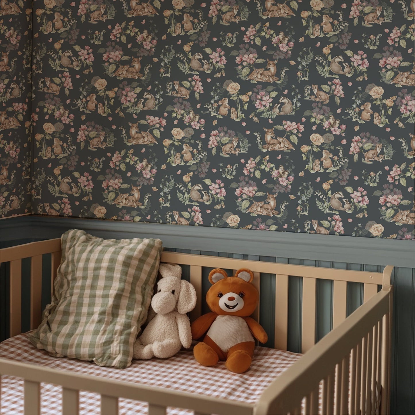 Whimsical Forest Animal Wallpaper – Dark Floral Peel & Stick Mural