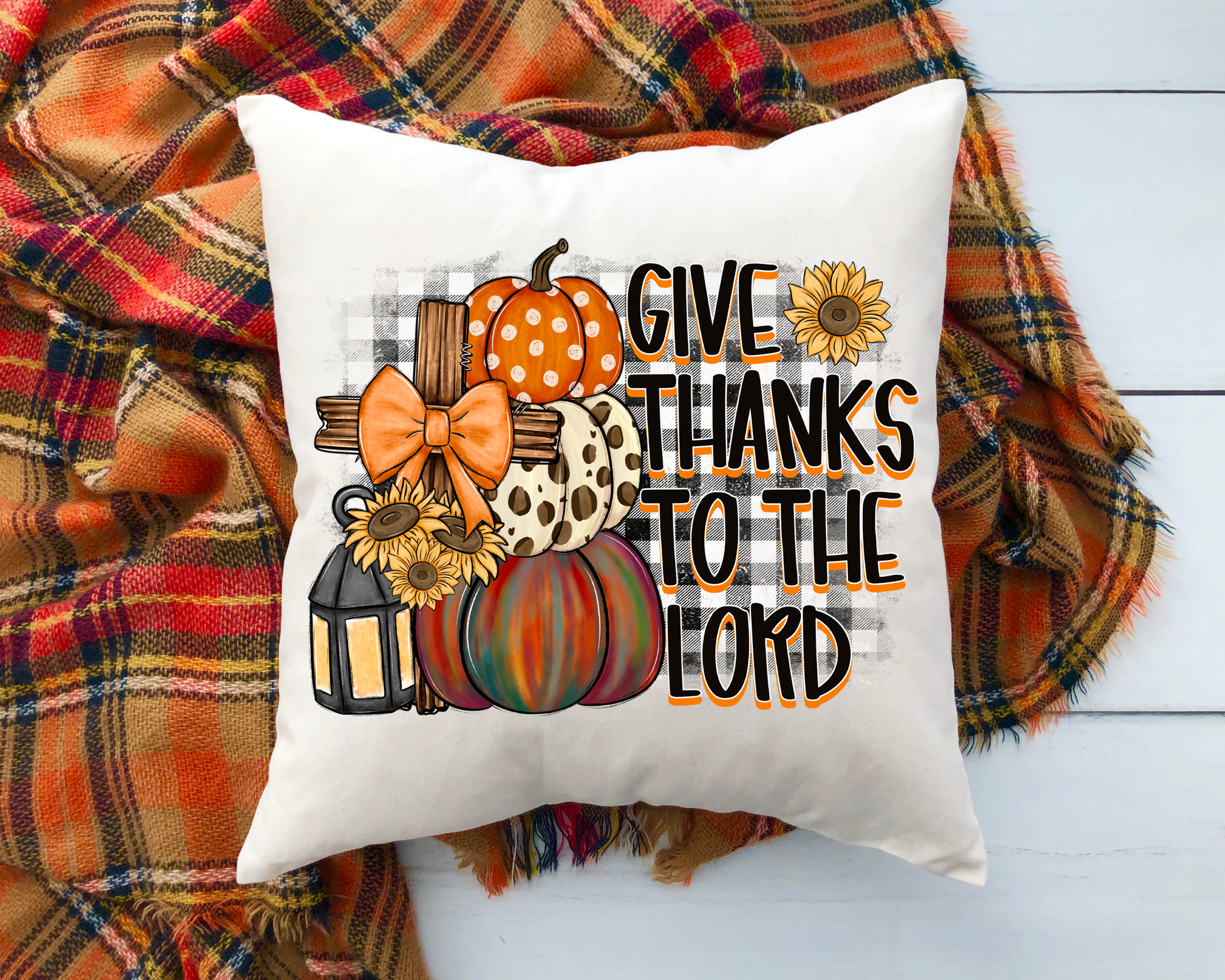 Give Thanks To The Lord Pillow Cover featuring pumpkins and sunflowers on a cozy plaid blanket