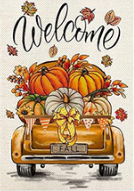 Welcome Garden Flags Truck Series of 12 featuring a fall-themed truck with pumpkins and festive decor.