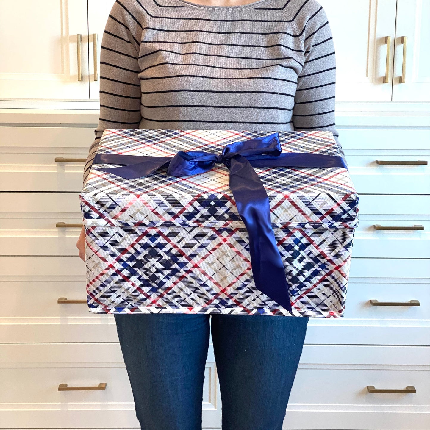 EverBox: Large Blue Plaid Collapsible Gift Box with Blue Satin Ribbon