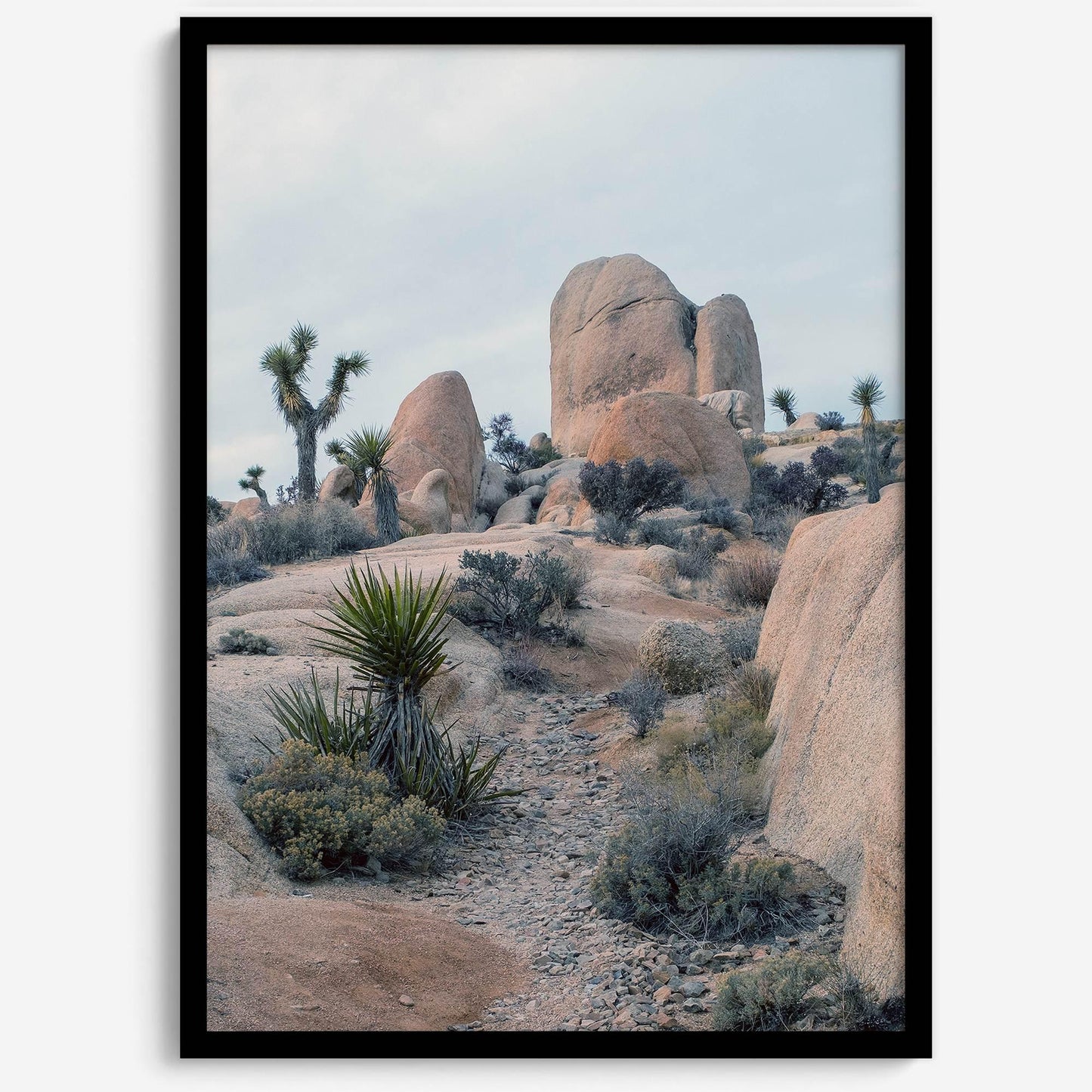 California desert art print featuring Joshua Trees and unique rock formations.