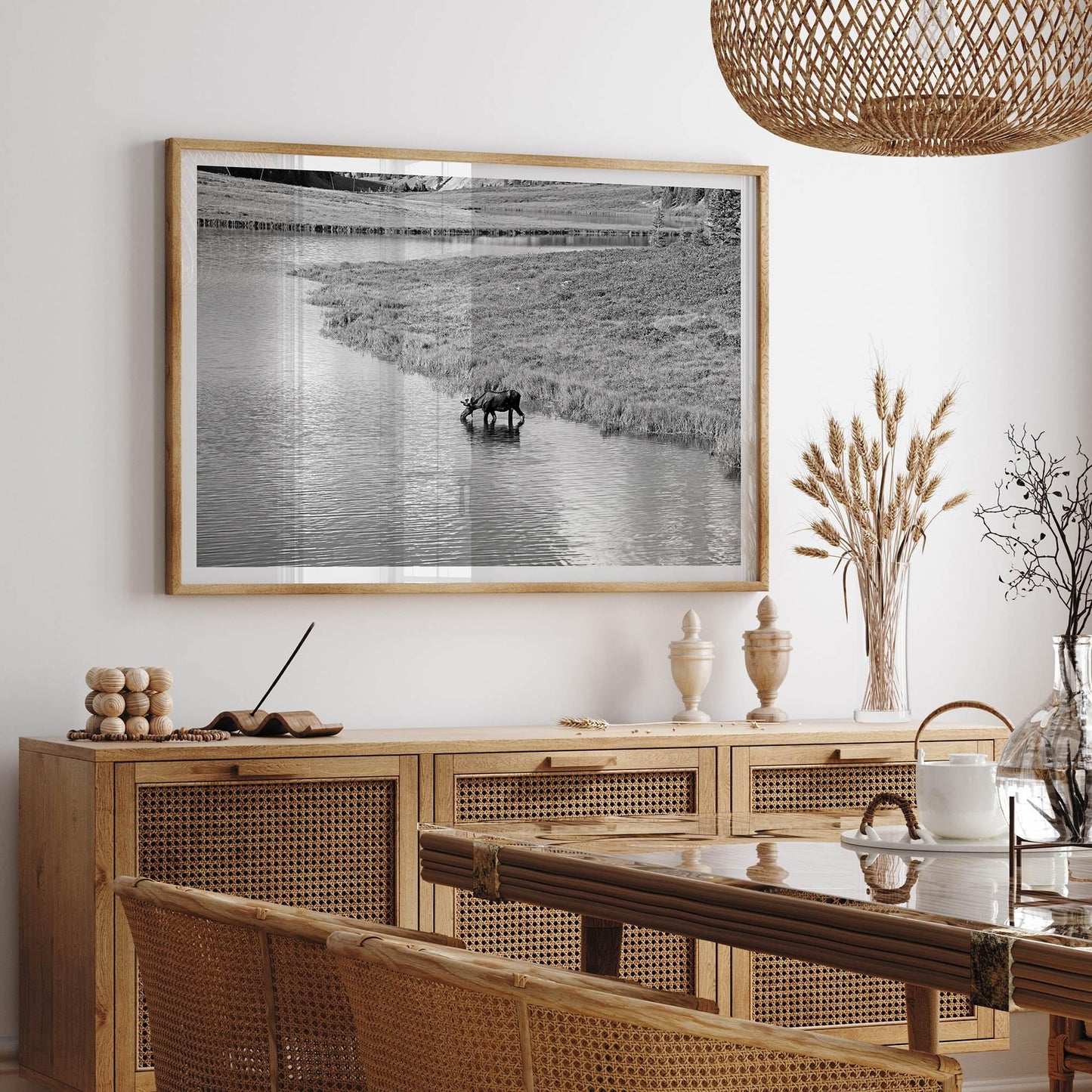 Mighty Moose wall art featuring a moose drinking from a mountain stream in Rocky Mountain National Park.