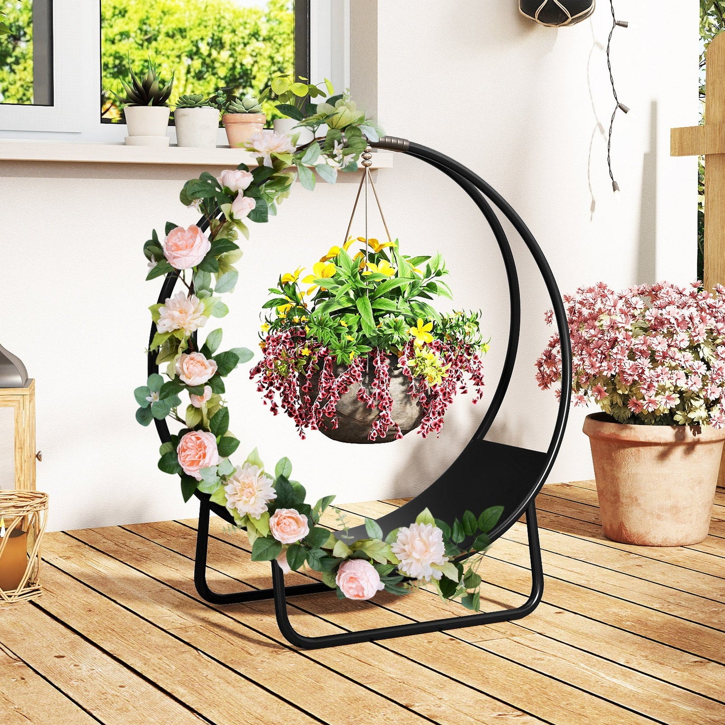 Firewood Log Hoop 20 Inch Round Heavy-duty Metal Curved Log Rack with Stand