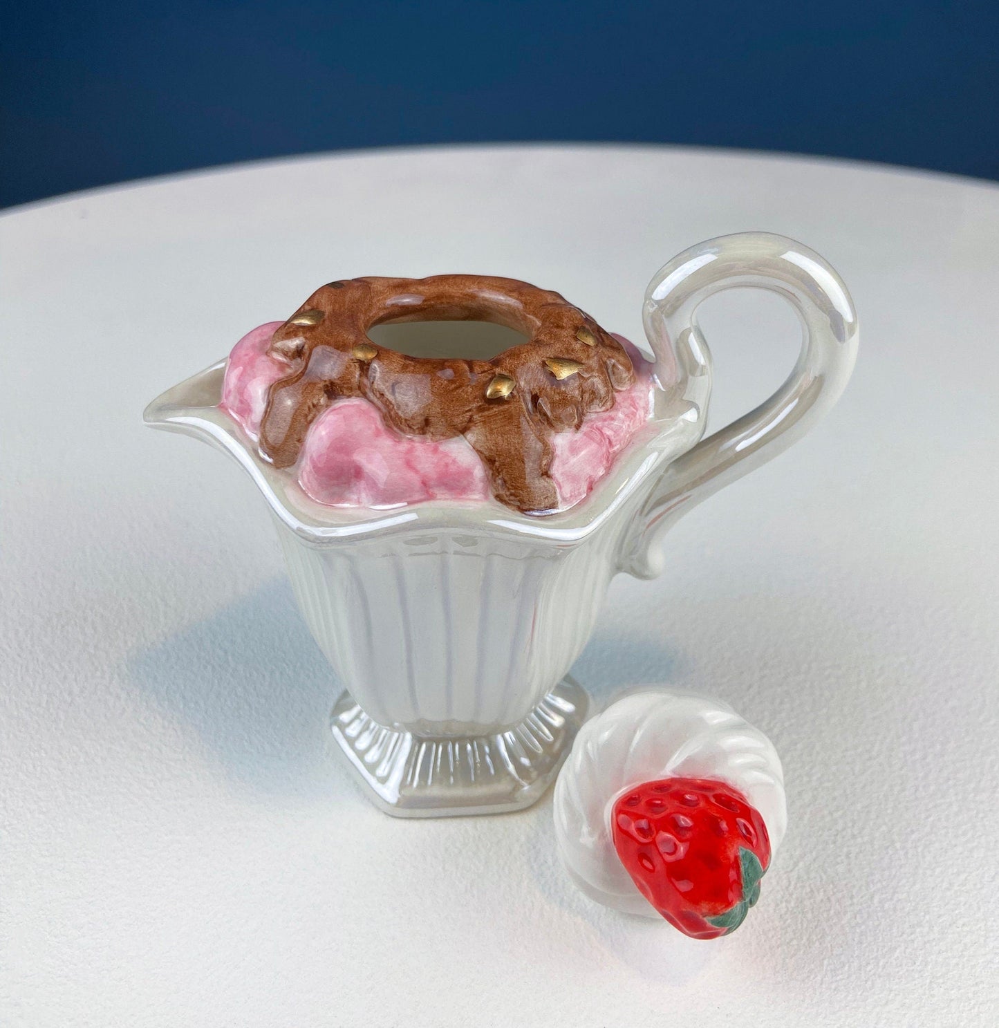 Ice Cream Shaped Creamer. Gift Gallery Fitz and Floyd. Strawberry and Chocolate Ice Cream Shaped Tiny Teapot. Cute & Thoughtful Gift.