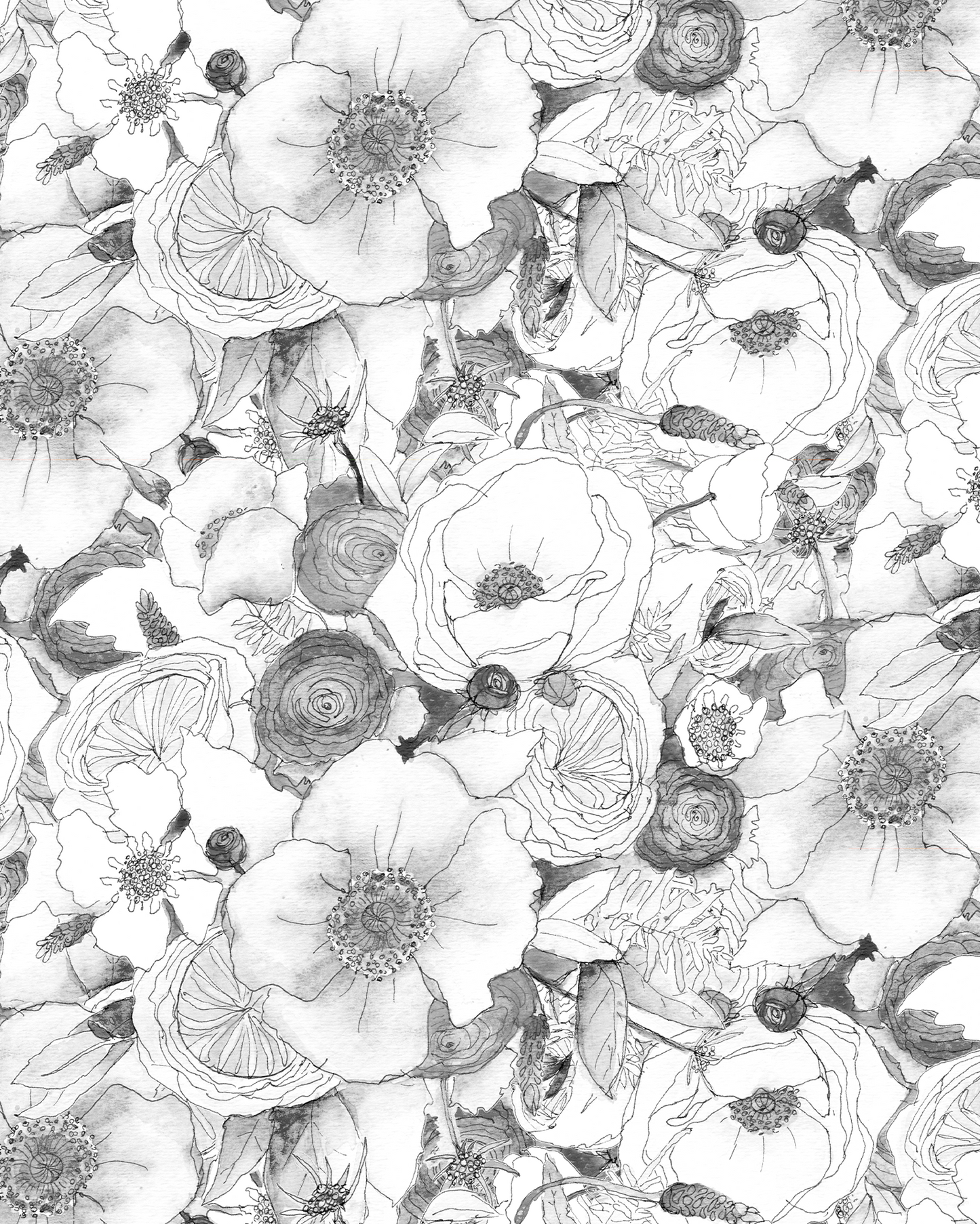 Floral Reverie Wallpaper, black and white