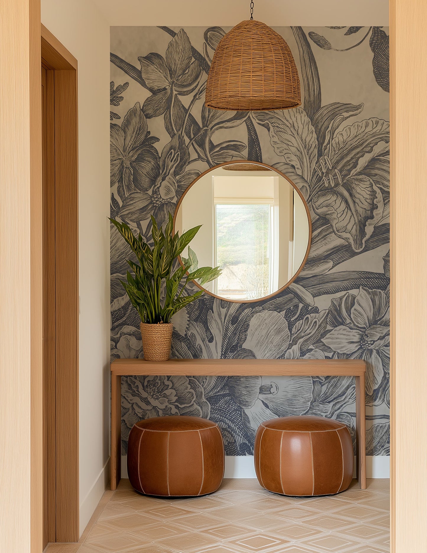 Vintage Indigo Botanical Etching Wall Mural