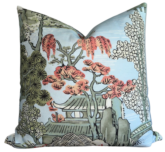 Asian Scenic Pillow Cover in Robins Egg