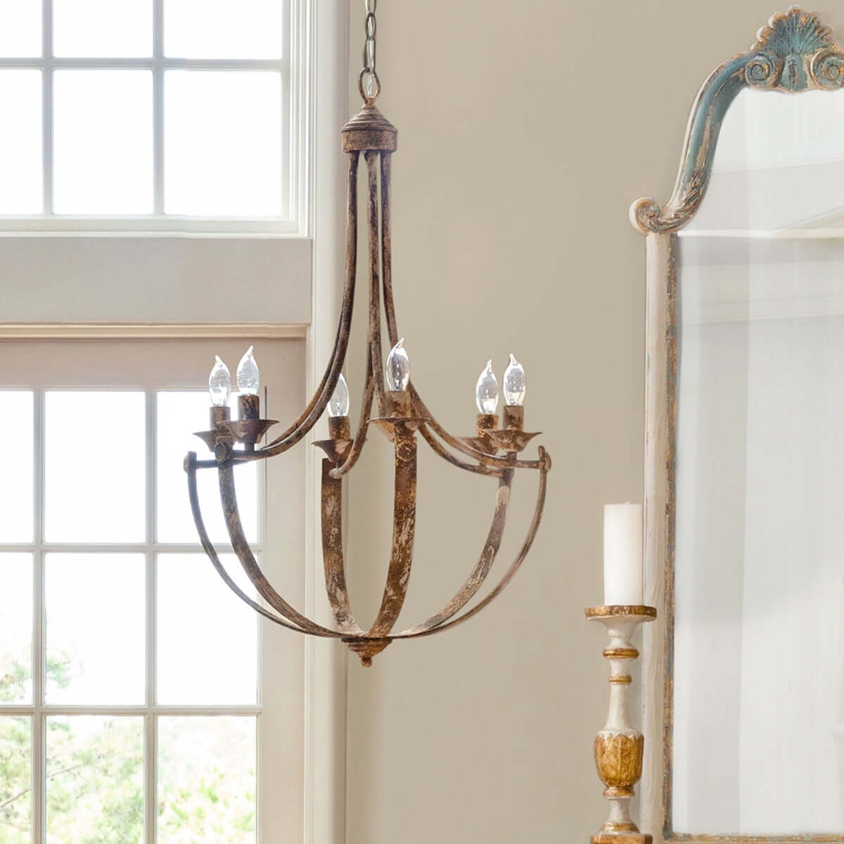 French Country Farmhouse Chandelier in Antique Gold Iron