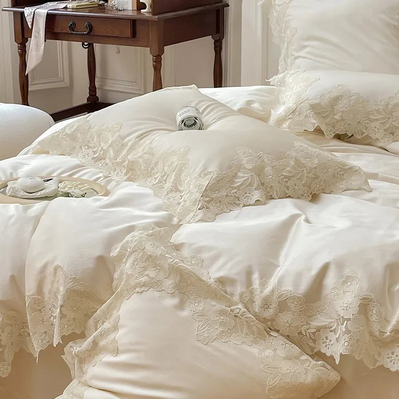 French Wedding Chic White Lace Bedding Set