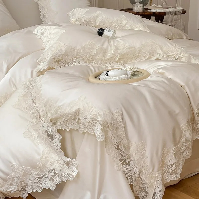 French Wedding Chic White Lace Bedding Set