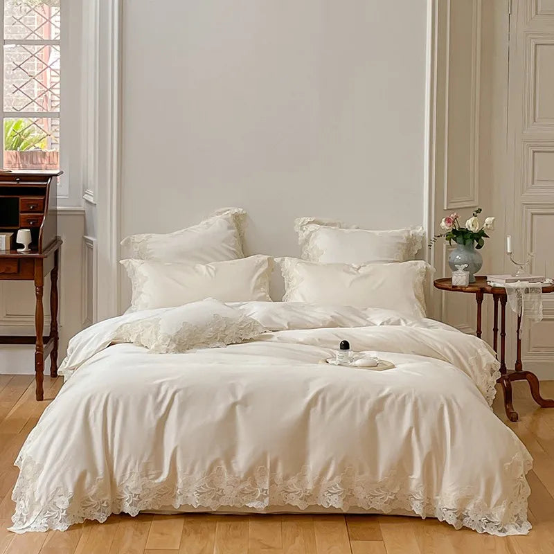 French Wedding Chic White Lace Bedding Set