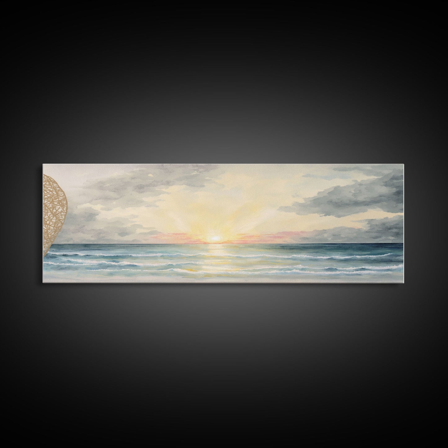 Panoramic Sea Canvas Oil Painting Print, Holiday Seascape Art, Blue Sky Cloud Mural Living Room Decor Painting Framed Wall Art