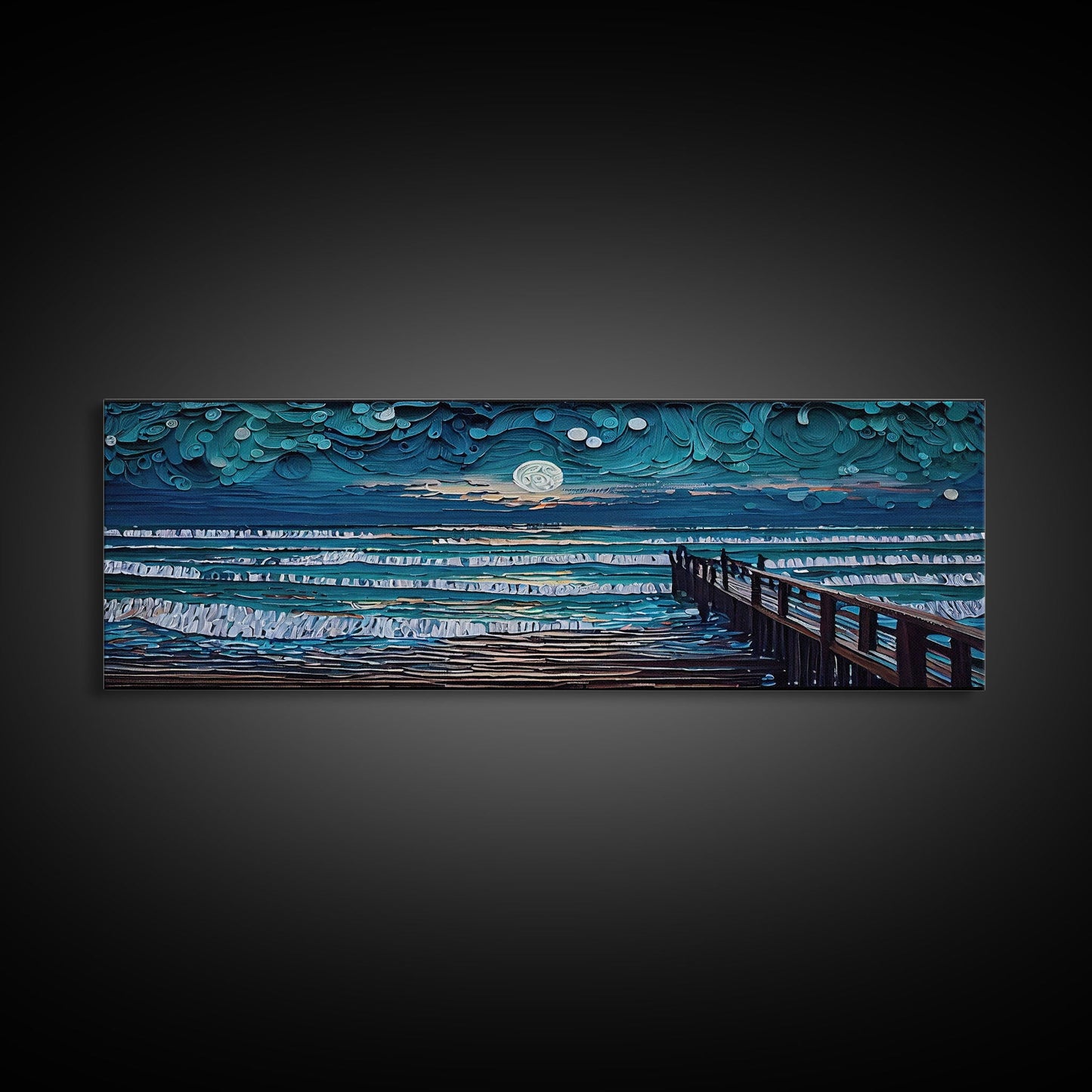Panoramic Van Gogh Inspired Beach, Framed Canvas Print, Cool Painting, Full Moon Over Rolling Waves, Soothing Abstract Beach Decor