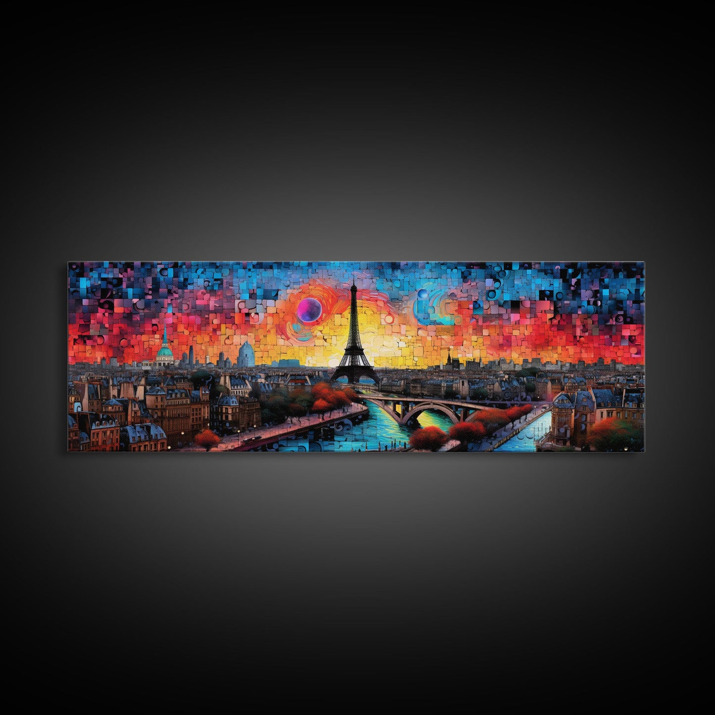 Jigsaw Abstract Paris France Panoramic Framed Canvas Print, Van Gogh Inspired Original Painting, Colorful Wall Art