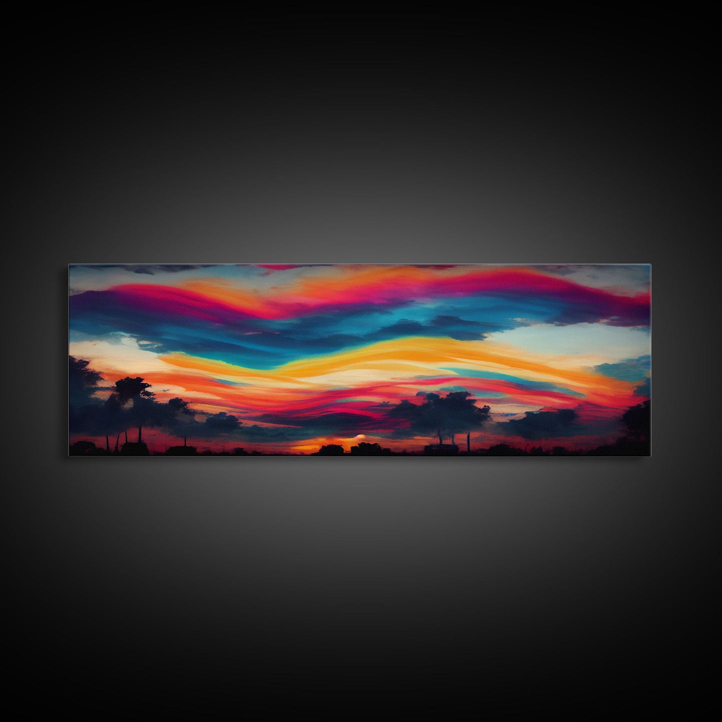 Beautiful Panoramic Sunset Watercolor, Extra Large Wall Art, Framed Panoramic Canvas Print, Framed Wall Art