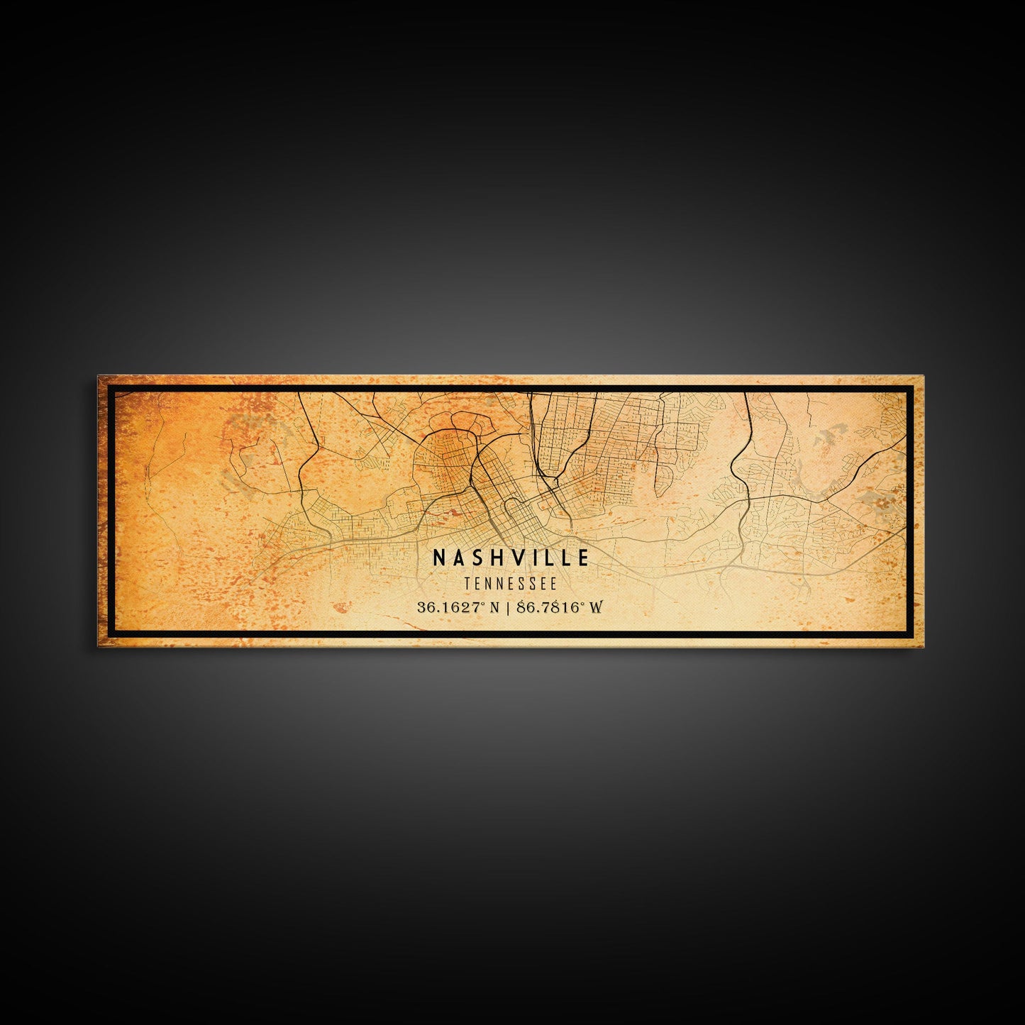 Panoramic Nashville Map Print, Framed Canvas Wall Art, Tennessee Street Map Art, Davidson City Street Road Map Wall Decor Panoramic Art