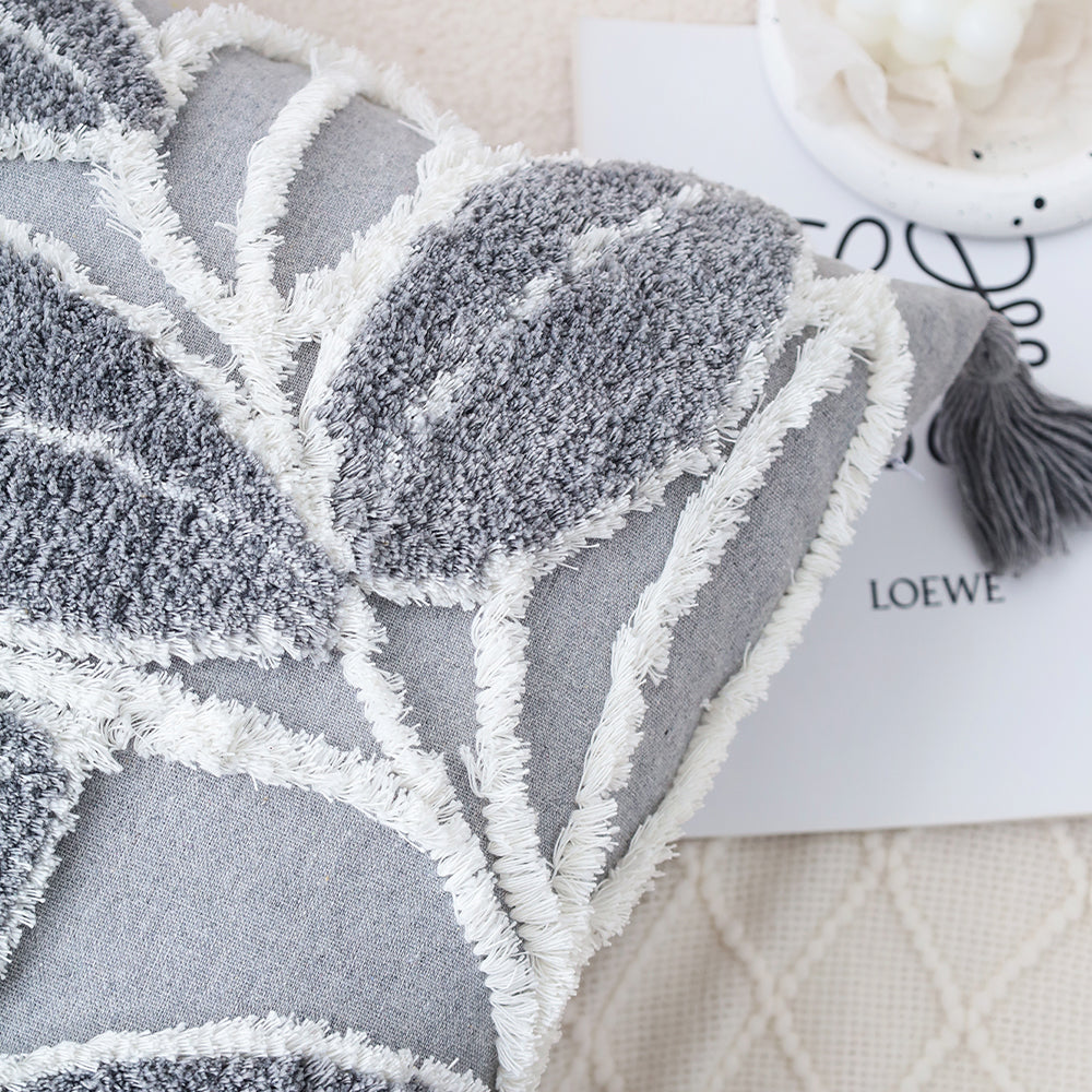 Tufted Leaf Decorative Throw Pillow with Tassels – Textured Cotton Cushion (With or Without Inserts) 18''x18'' set of 2