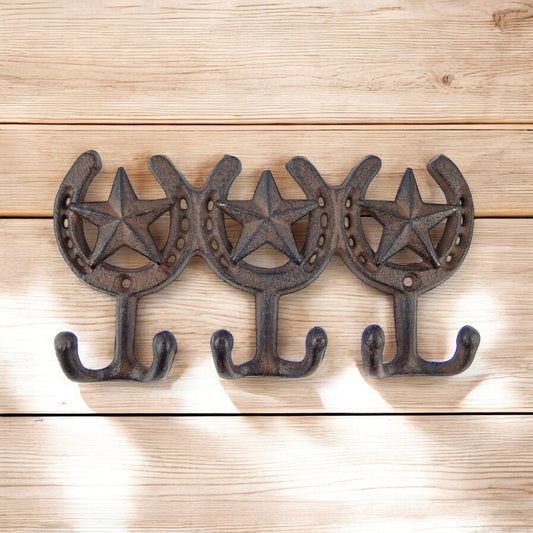Triple Cast Iron Star Horseshoe Hooks - Western Wall Organizer