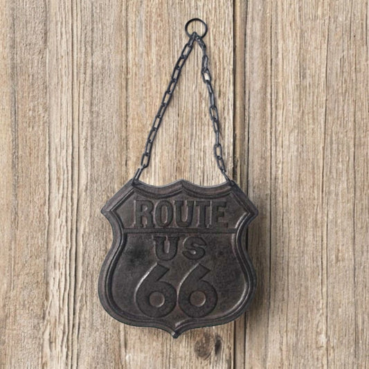 Retro Cast Iron Route 66 Plaque with Chain - Rustic Western Nostalgic Road Sign, Vintage Travel Home Decor Accent