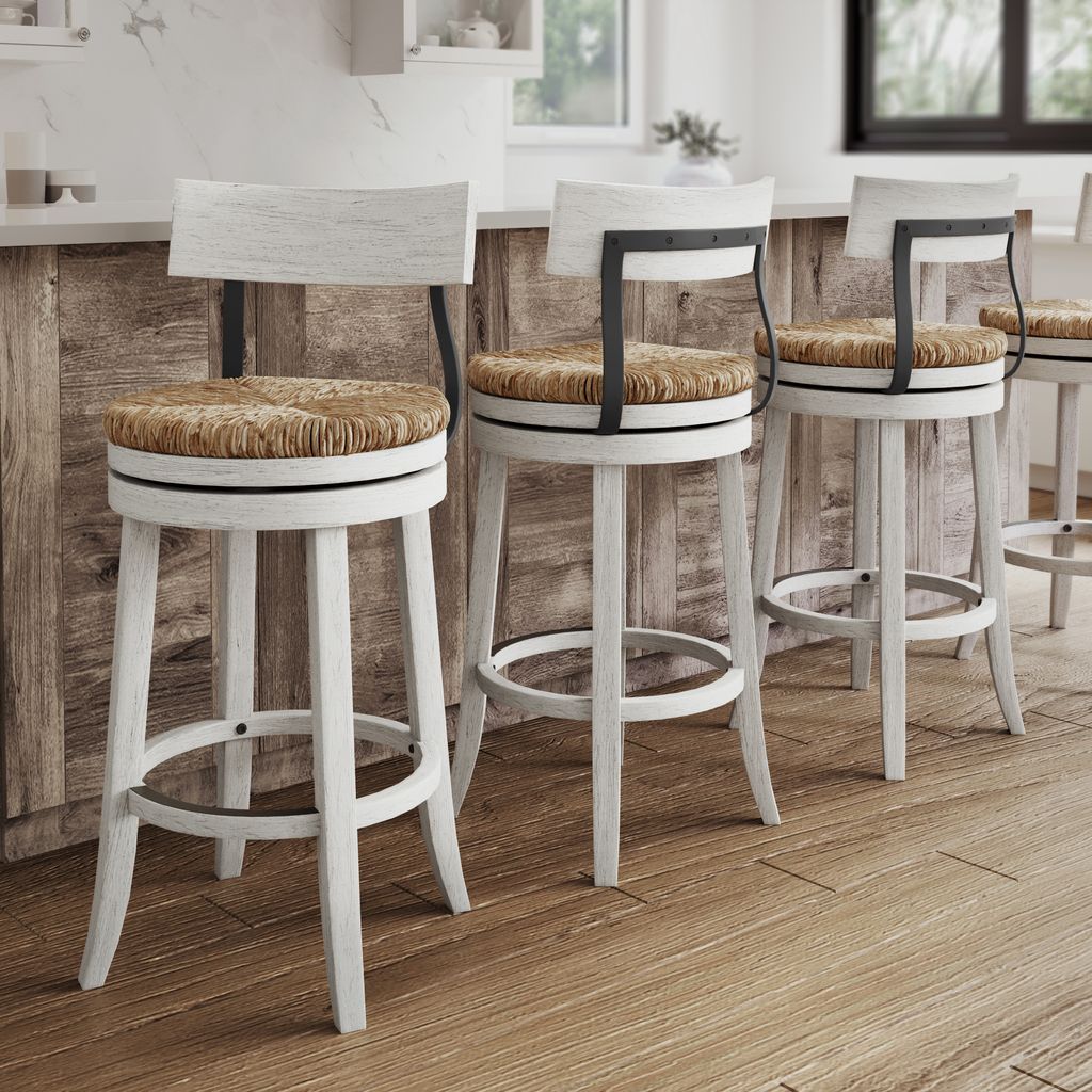Eden Stool with Seagrass Seat in Reclaimed White showcased in a modern farmhouse kitchen setting.