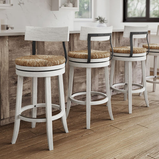Eden Stool with Seagrass Seat in Reclaimed White showcased in a modern farmhouse kitchen setting.
