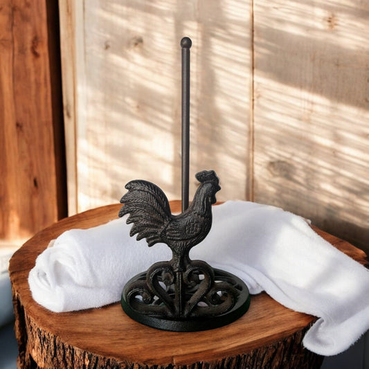 Farmhouse Cast Iron Rooster Paper Towel Holder, Rustic Kitchen Dispenser