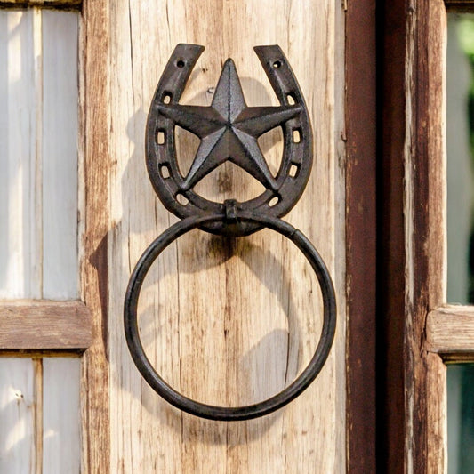 Western Star & Horseshoe Cast Iron Towel Ring, Rustic Country Bathroom Accent