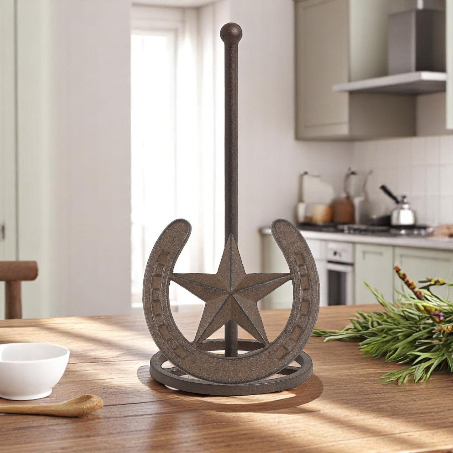 Rustic Cast Iron Star and Horseshoe Paper Towel Holder - Western Farmhouse Kitchen Decor, Cabin Ranch Accent