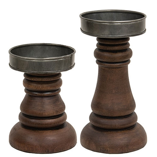 2/Set - Walnut Stained Wood & Metal Pillar Holders