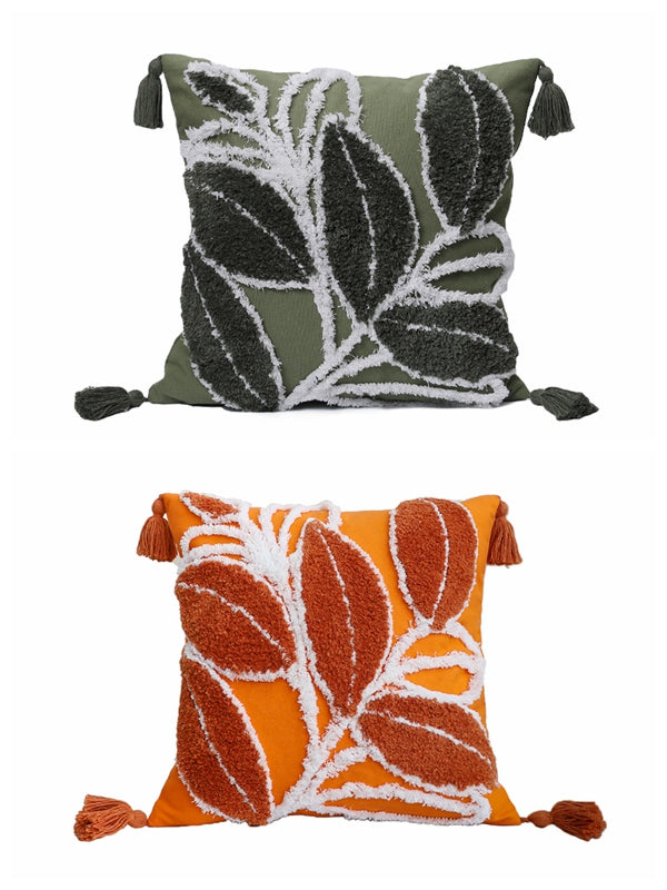 Tufted Leaf Decorative Throw Pillow with Tassels – Textured Cotton Cushion (With or Without Inserts) 18''x18'' set of 2