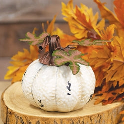 Distressed White Metal Pumpkin w/Leaves - 5-1/2 In H