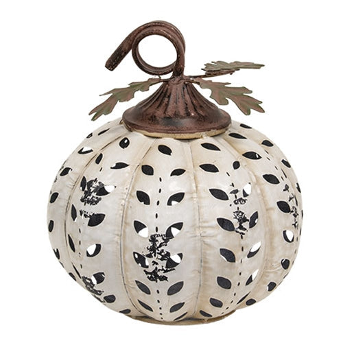 Distressed White Metal Laurel Cutout Pumpkin - 10 In H