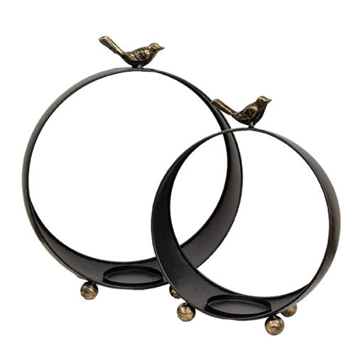 2/Set - Round Black Metal Bird Topped Pillar Lanterns