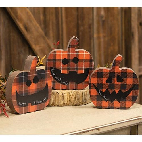 Happy Halloween Chunky Plaid Jack O Lantern Sitter 3 Asstd.