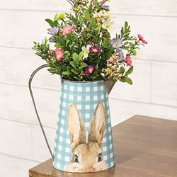 Blue & White Gingham Check Peeking Bunny Metal Pitcher