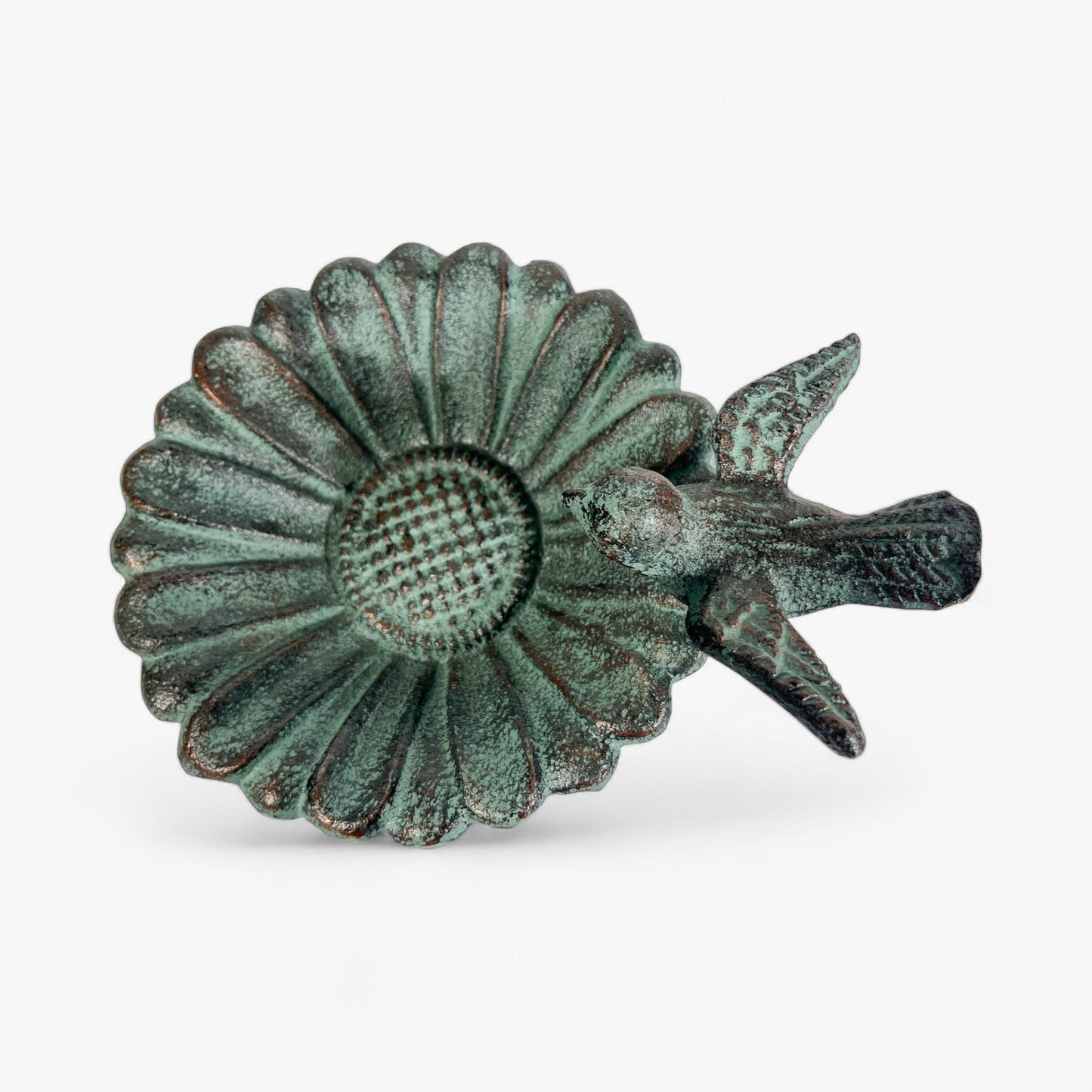 Verdigris Sunflower Bird Bath, Cast Iron Pedestal Feeder