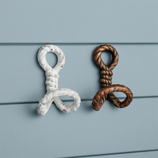 Nautical Rope Wall Hooks, White and Copper, Set of 2