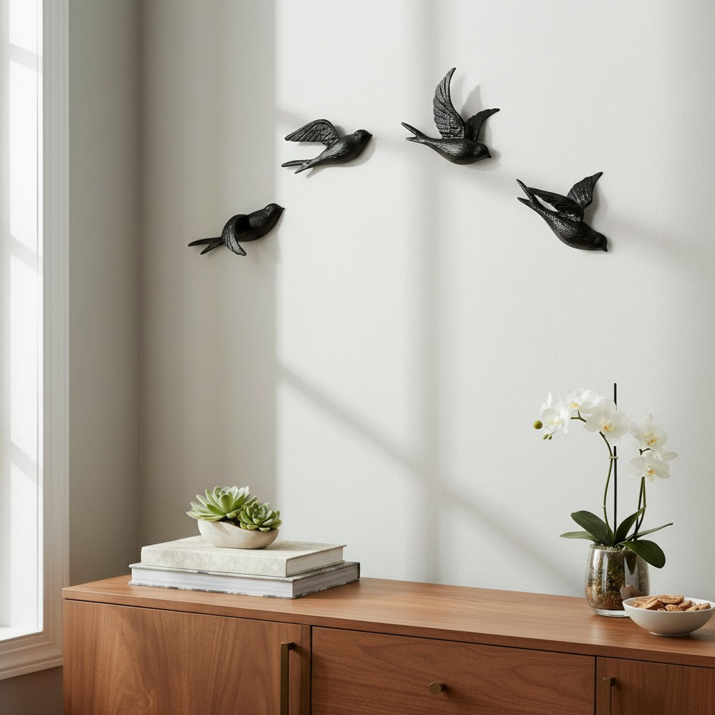 Bird Wall Hooks Set of 4, Rustic Home Decor, Natural Iron Finish