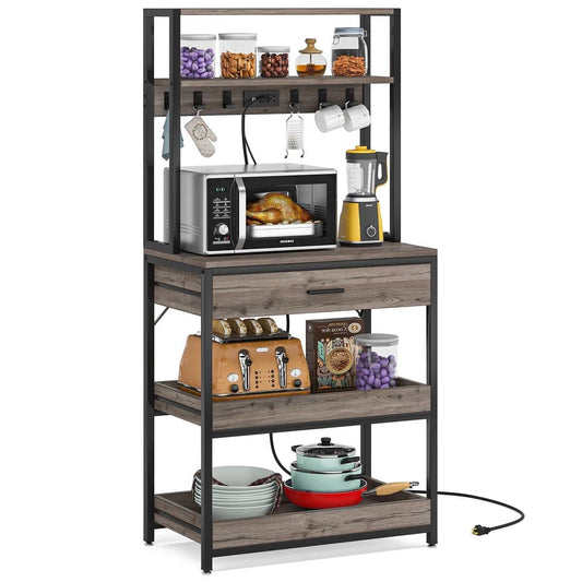 Grey Modern Baker's Rack Kitchen Shelving Unit with Pull-Out Shelves and Drawer