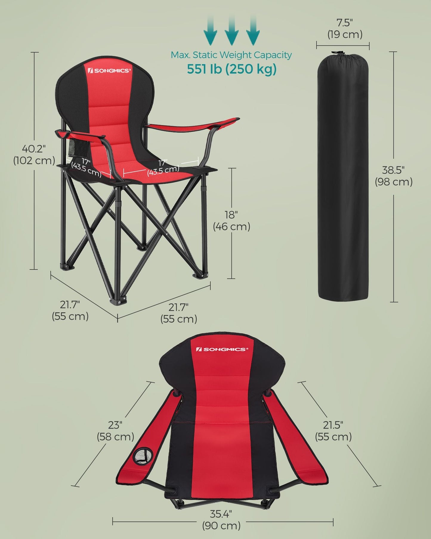 Folding Camping Chair Max. Capacity 551 lb Red and Black