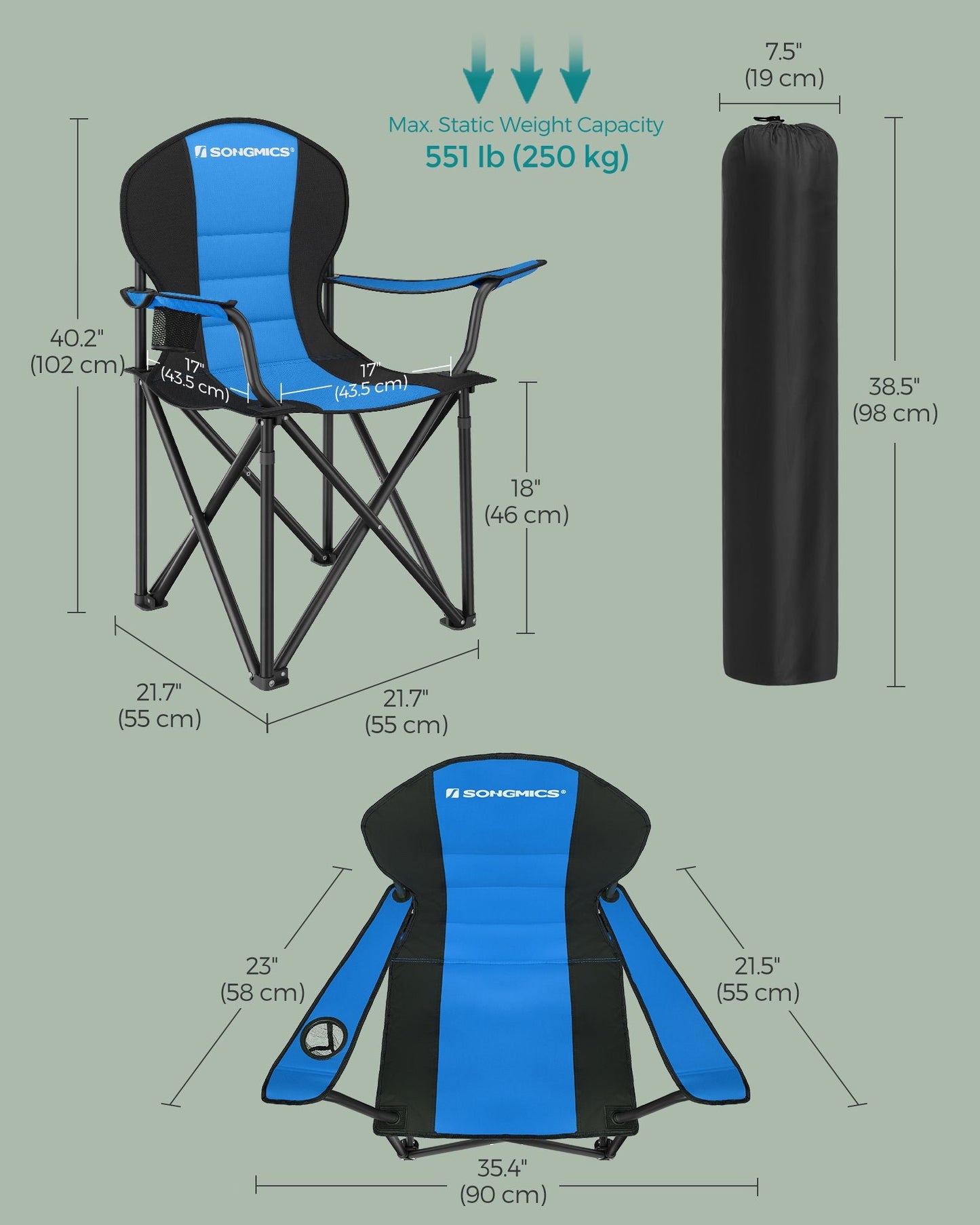Folding Camping Chair Max. Capacity 551 lb Blue and Black