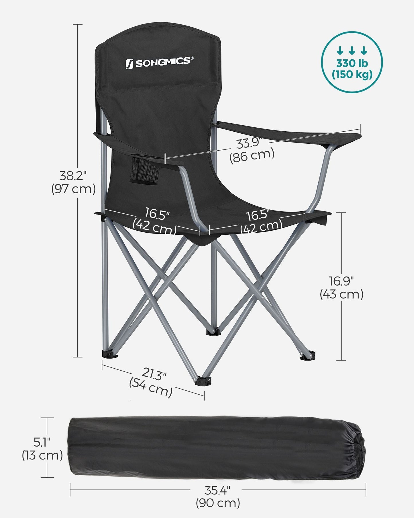 Set of 2 Folding Camping Chairs Max. Capacity 330 lb Ink Black