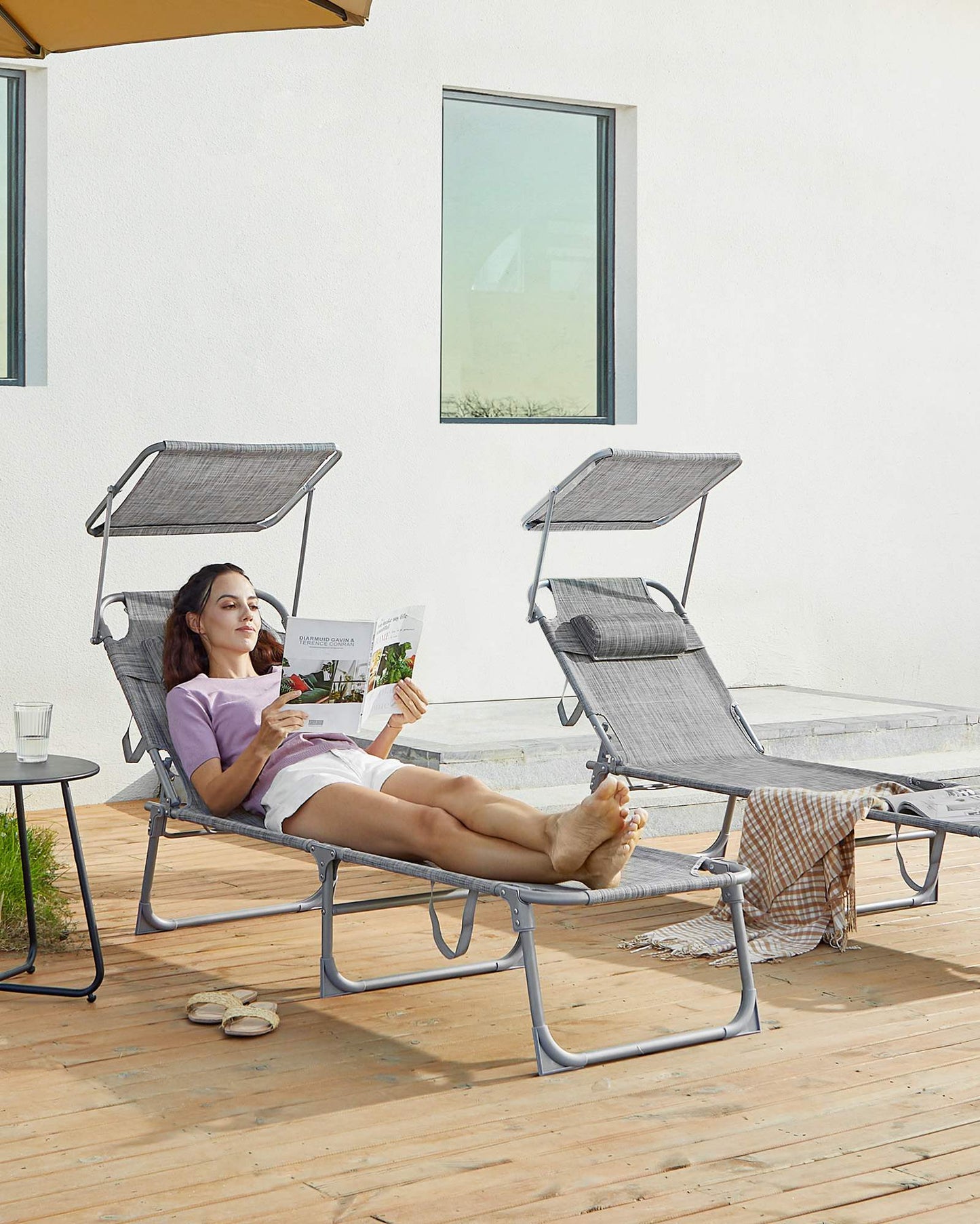 Sun Lounger with Sunshade Headrest Adjustable Backrest