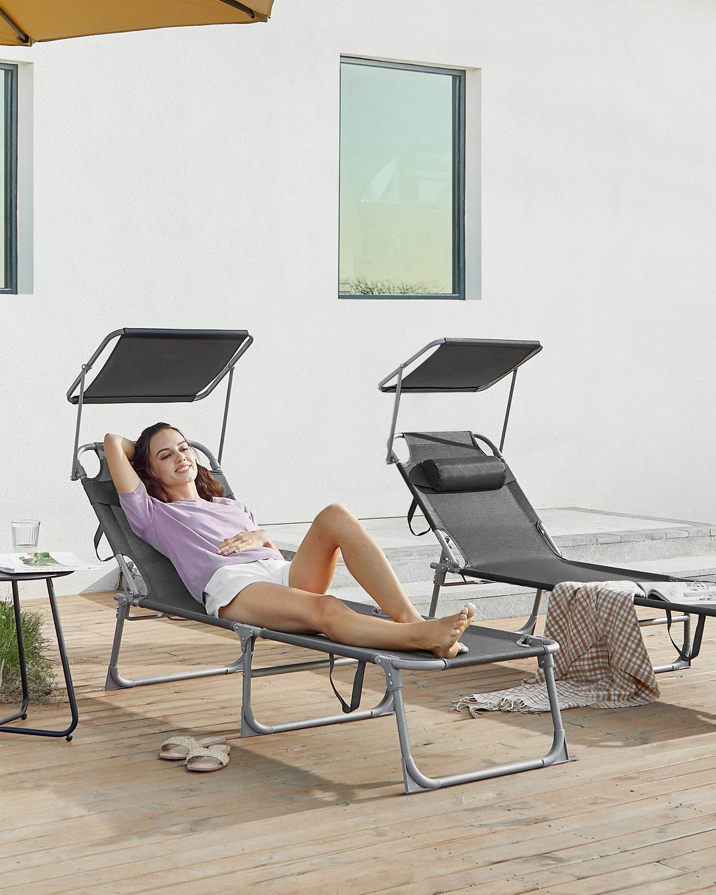 Sun Lounger with Sunshade Headrest Adjustable Backrest