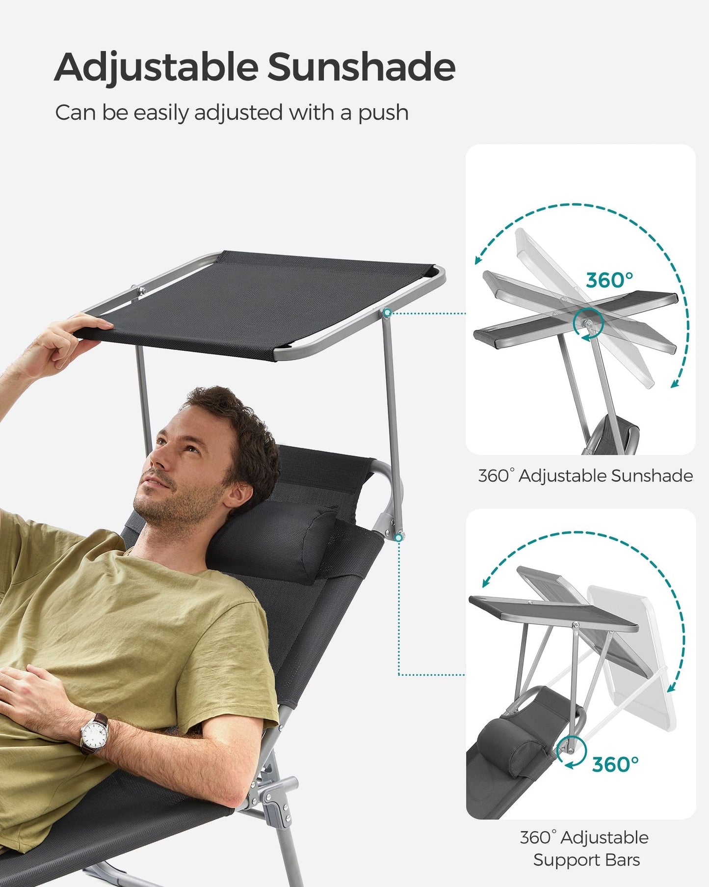 Sun Lounger with Sunshade Headrest Adjustable Backrest